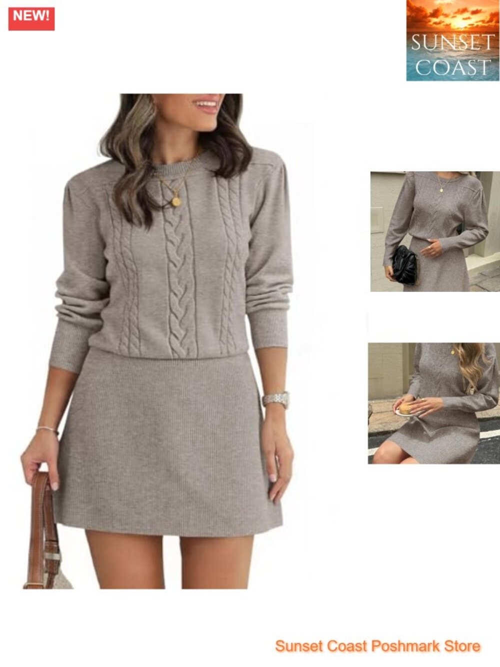 Saodimallsu Puff Long Sleeve Cable Knit Sweater Dress Mini Fit & Flare